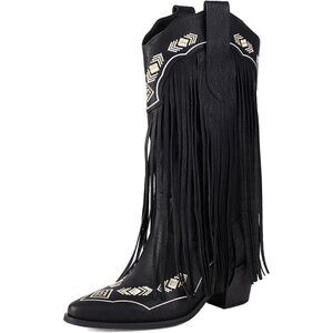 ⚡Women's Black Embroidered Fringe Pull On Mid Calf Block Heel Pointed Toe